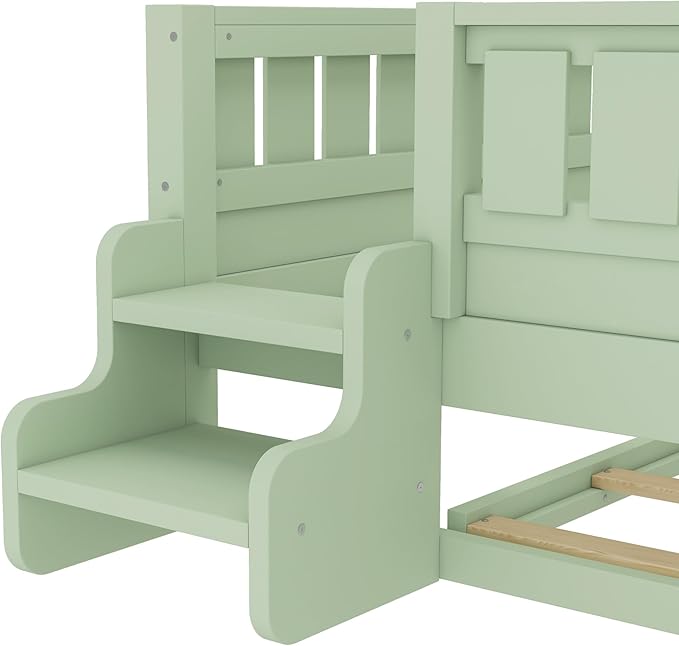 Bellemave Full Size Kids Bed with high Rails and with Built-in Bookshelf and Trundle for Kids, Girls, Boys, Wood Montessori Bed Without Door, Avocado Green