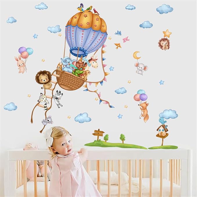 Cute Animals Hot Air Balloons Wall Decals Clouds Stars Stickers Peel and Stick Kids Room décor Girls Bedroom Nursery Classroom Playroom Decorations