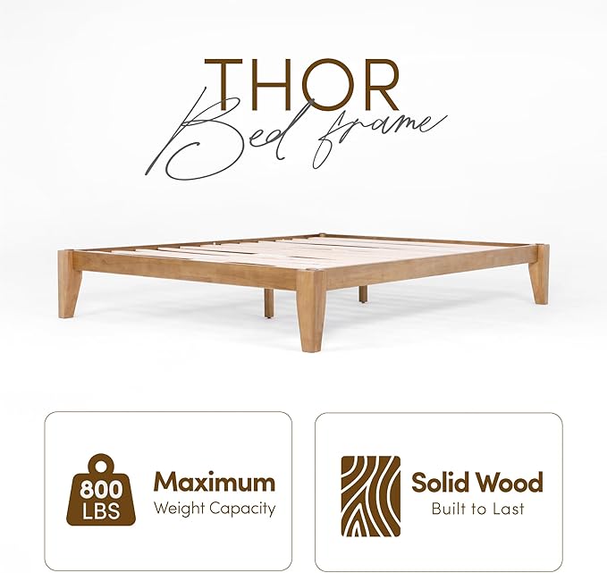 Thor Premium Solid Wood Bed Frame Queen, Platform Bed, Japanese Joinery Bed Frame, Wood Slat Support, No Box Spring Needed, Easy Assembly, Minimalist & Modern Style (Light Brown)