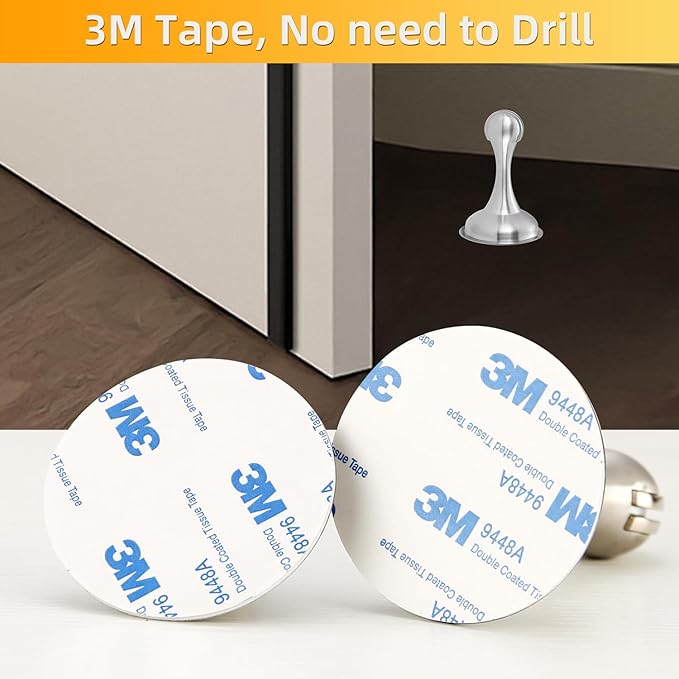 Magnetic Door Stop No Drilling Door Stop with 3D Adhesive Tapes Keep Door Open Door Stainless Steel Screws for Stronger Mount (Silver)