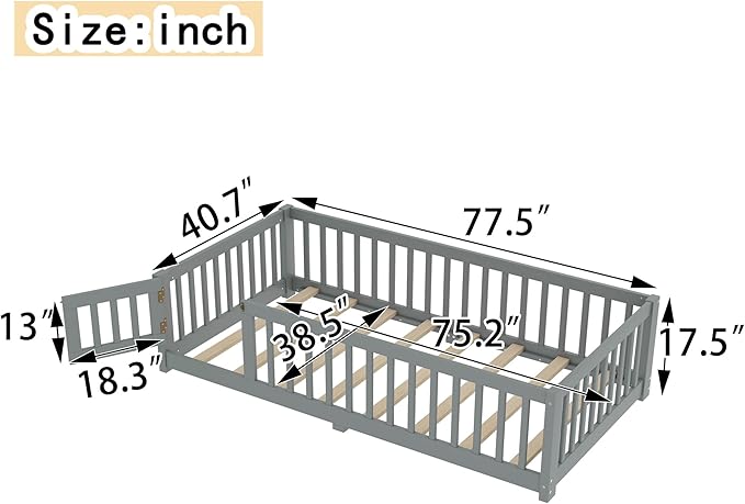 Harper & Bright Designs Twin Floor Bed Frame with Safety High Fence, Wood Montessori Bed with Door, Twin Size Floor Beds with Solid Wood Support Slats for Boys, Girls, Kids, Gray