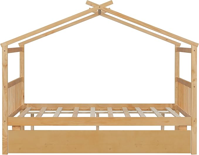 Harper & Bright Designs Full House Bed for Kids, Wood Montessori Beds with Trundle, Full Platform Bed Frame with Roof, Playhouse Bed for Kids,Teens, Bedroom, Natural