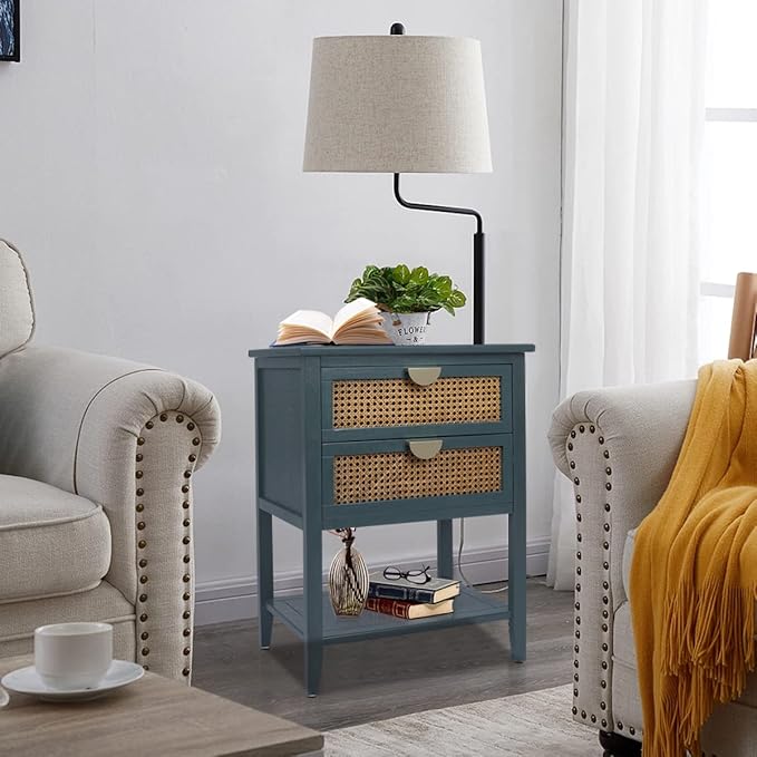 2 Drawers End Table for Living Room, Rattan Nightstand Bedside Table with Metal Handles for Living Room, Bedroom, Small Place(Green)