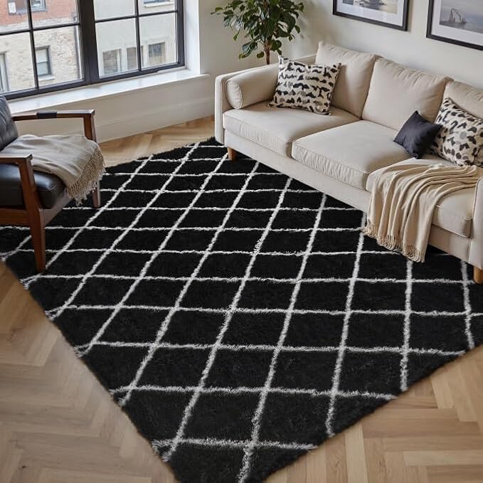 5x8 Checkered Rug for Bedroom Black and White Modern Soft Area Rug Fluffy Non-Slip Carpet for Living Room Playroom Home Aesthetic Decor