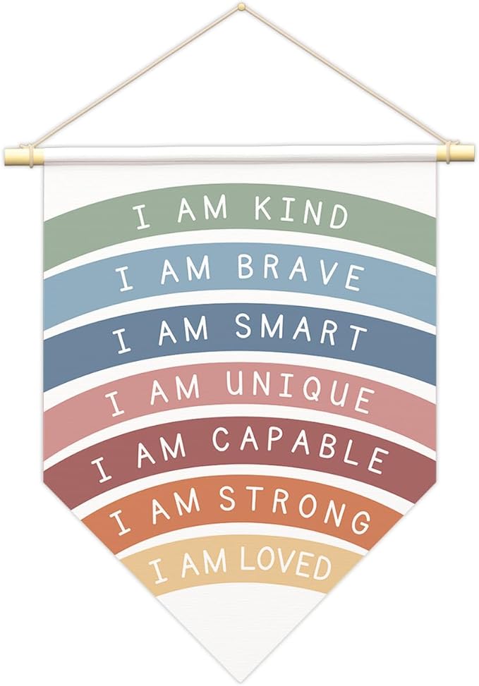 Positive Affirmations Wall Art for Kids,I Am Enough,Rainbow Inspirational Classroom Decor, I Am Kind Smart Brave Loved Nursery Banner, Bedroom Hanging Sign,Nursery Motivational School Wall Decor-B09