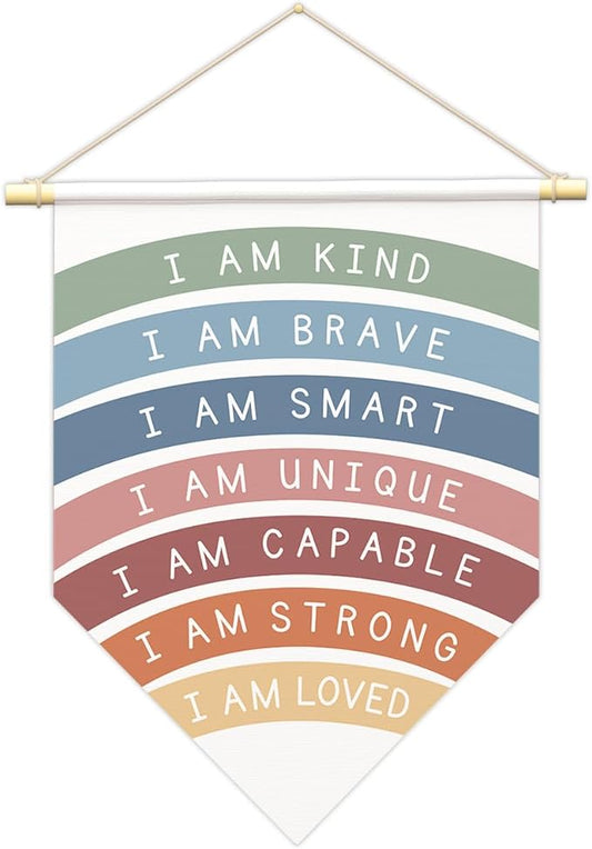 Positive Affirmations Wall Art for Kids,I Am Enough,Rainbow Inspirational Classroom Decor, I Am Kind Smart Brave Loved Nursery Banner, Bedroom Hanging Sign,Nursery Motivational School Wall Decor-B09