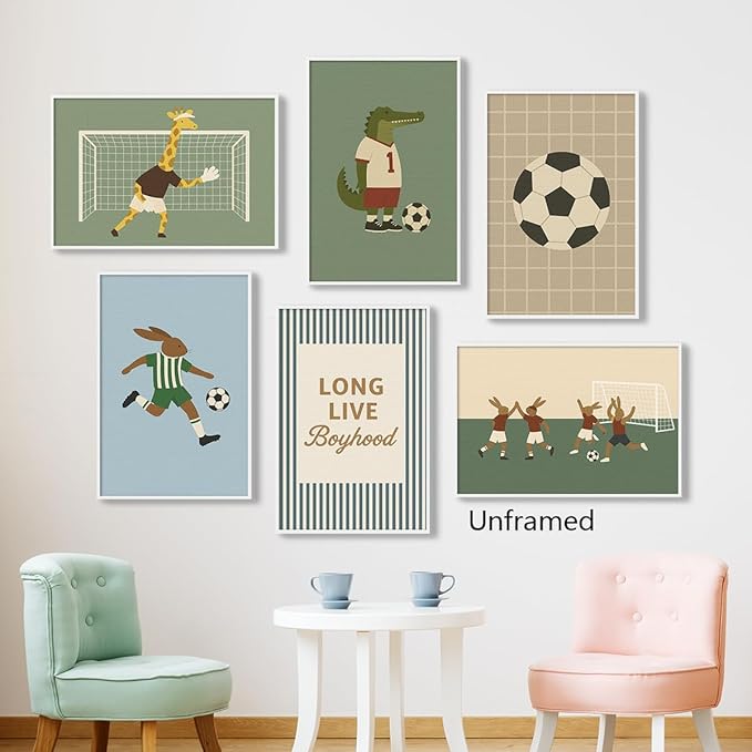 Soccer Posters, Nursery Animal Sports Posters, Long Live Boyhood Inspirational Quote Print, Football Athletes Giraffe Rabbit Crocodile Pictures, Boys Bedroom Sports Artwork 16x24in Unframed