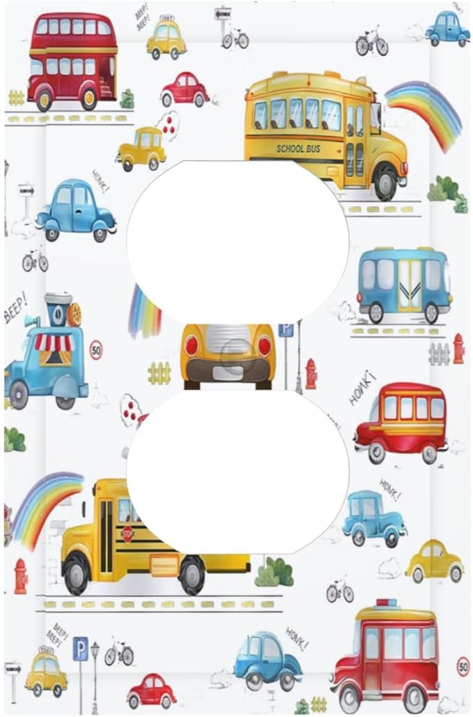 Kids Bus Taxi Truck 1 Gang Single Duplex Light Switch Plate Outlet Cover Decorative Wall Plate Switchplate Electrical Faceplate for Nursery Kidsroom Bedroom Decor