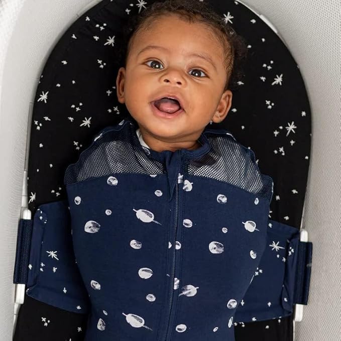 Happiest Baby SNOO Sleep Sack - 100% Organic Cotton Baby Swaddle Blanket - Doctor Designed Promotes Healthy Hip Development (Midnight Planets, X-Large)
