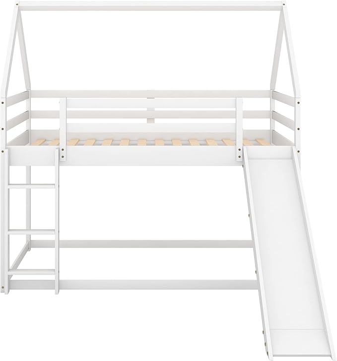 Twin Size Bunk House Bed with Slide and Ladder,can Switch Positions Left & Right,Bedroom Wood Loft Bed Frame W/No Box Spring Required,Easy to Assemble,for Kids Teens Girls Boys,White