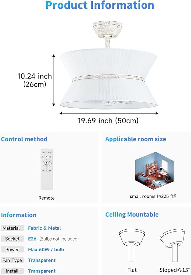 20" Rattan Boho Ceiling Fans with Lights, Caged white Fandelier Ceiling Fan with Light Remote Control, Enclosed with 6 Speeds for Bedroom, Nursery, Living Room