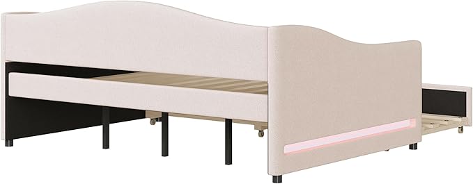 Merax Full Size Upholstered Daybed with Light and Trundle, Beige Teddy Fleece Sofa Bed Modern Wooden Platform Bed Frame for Bedroom, Living Room, Guest Room, Apartment