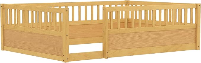 Harper & Bright Designs Full Floor Bed Frame, Wood Kids Floor Bed with High Guardrails, Montessori Floor Bed Full with Opening Door for Boys, Girls, Kids, Solid Wood Structure, Natural