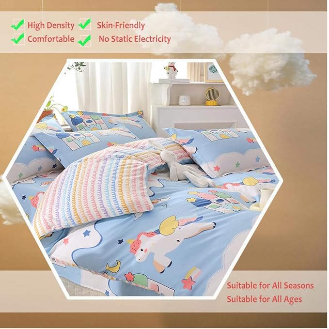 100% Cotton Kids Duvet Cover Set - Unicorn & Rainbow Bedding Queen Size, Kawaii Comforter Cover for Girls & Boys, Soft Breathable Bedding Set with Cute Design(Unicorn,Queen)