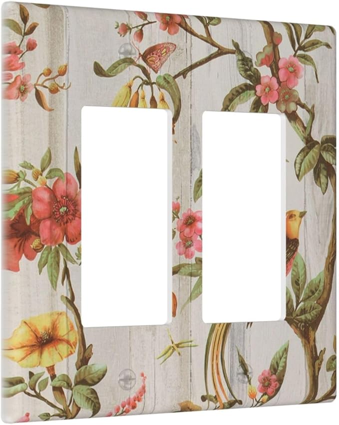 Flowers Bird Tree Retro Spring Floral Branch 2 Gang Double Rocker/Decora Light Switch Cover Decorative Wallplate Oriental Chinese Landscape Drawn Gfci Electrical Faceplate Home Bedroom Art Decor