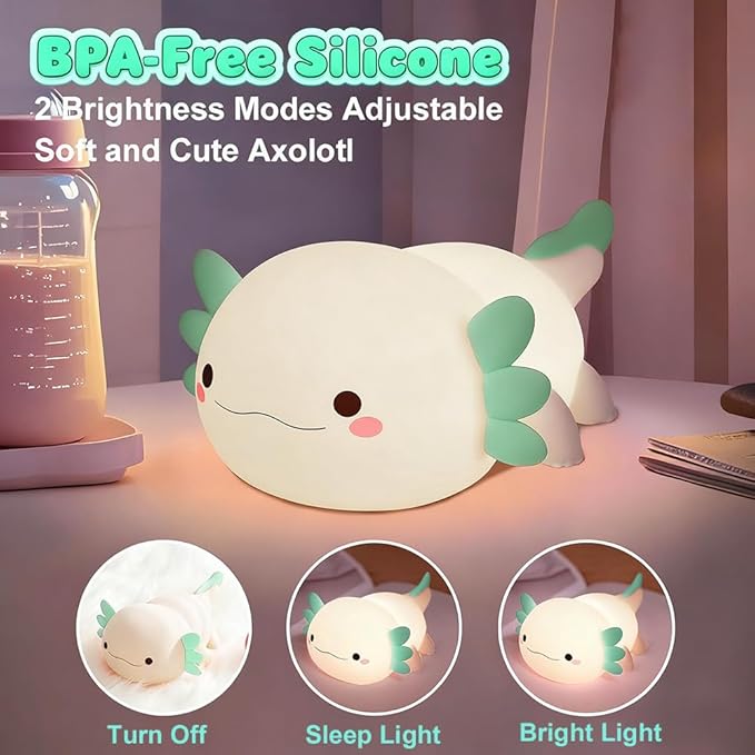 Cute Axolotl Night Light for Kids Bedroom, Animal Silicone Nursery Night Lamp Touch Control Nightlights USB Rechargeable Bedside Lamp for Baby Children Toddlers Girls Gift