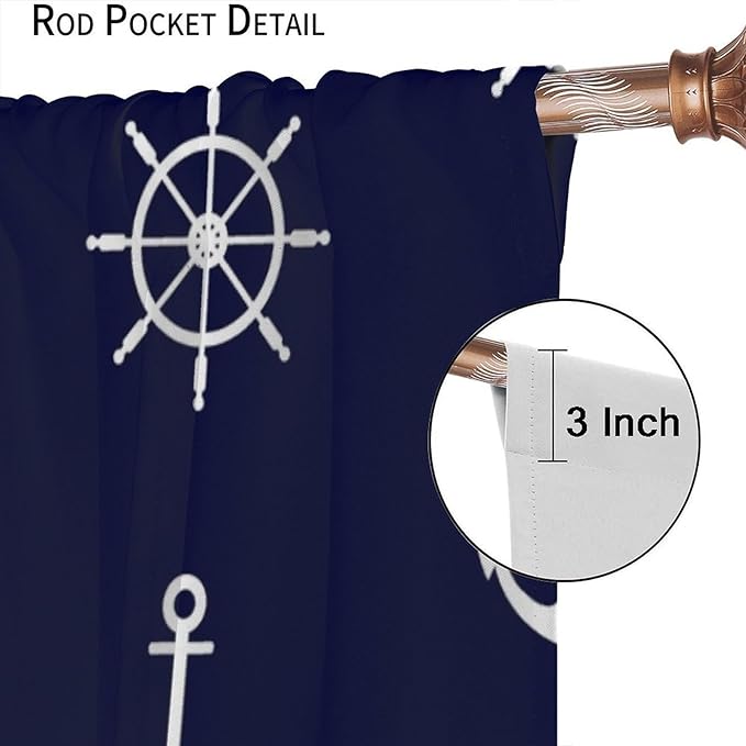 Nautical Rudder Curtains,MarineThemed Oceanic Anchor Pattern Blackout Print Home Bedroom Living Room Window Treatments 2 Panel Set 84x84 Inch