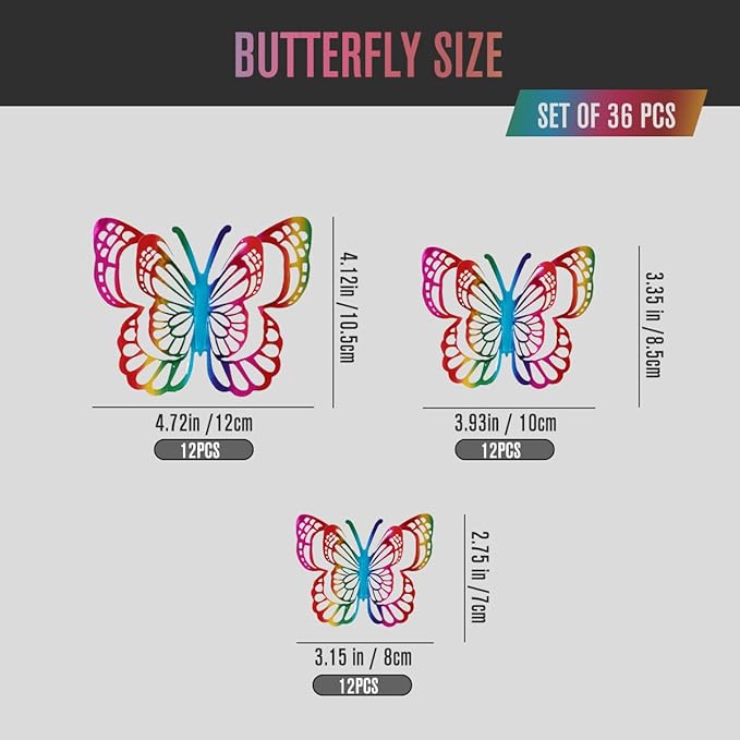 36PCS Butterfly Wall Decals - 3D Butterflies Wall Stickers Removable Mural Decor Wall Stickers Decals Home Decor Kids Room Bedroom Decor Living Room Decor (Rainbow)