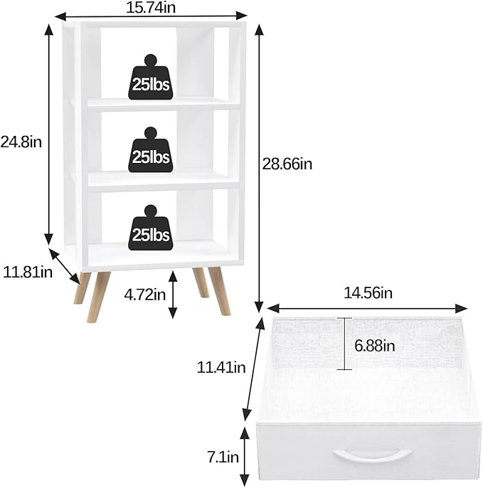 Night Stand, White Kids Nightstand with Fabric Drawers, Nursery Side Table with Open Storage, 3-Tier Modern End Table, Bedside Table for Small Space, Living Room, Bedroom