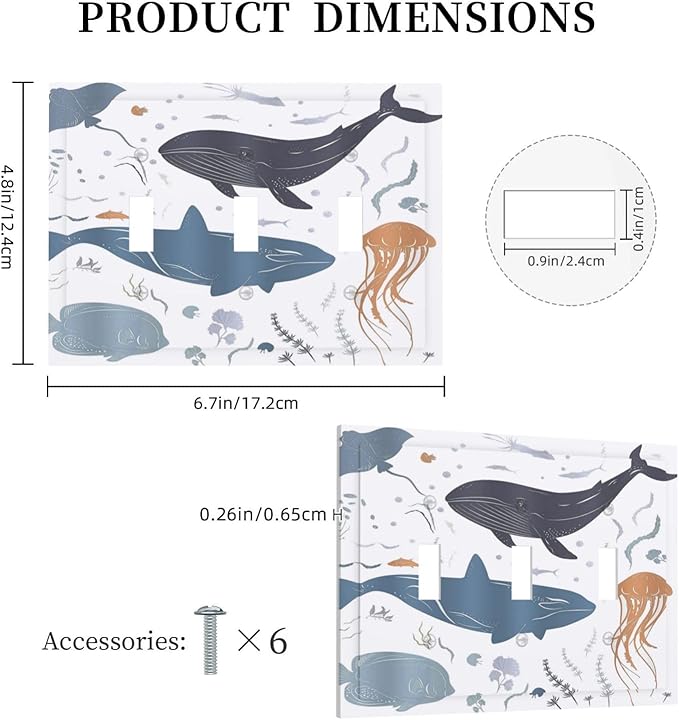 Kids Sea Animal Decorative 3 Gang Light Switch Covers Triple Toggle Wall Plate Decorative Switchplate Electrical Faceplate for Nursery Kidsroom Bedroom Decor