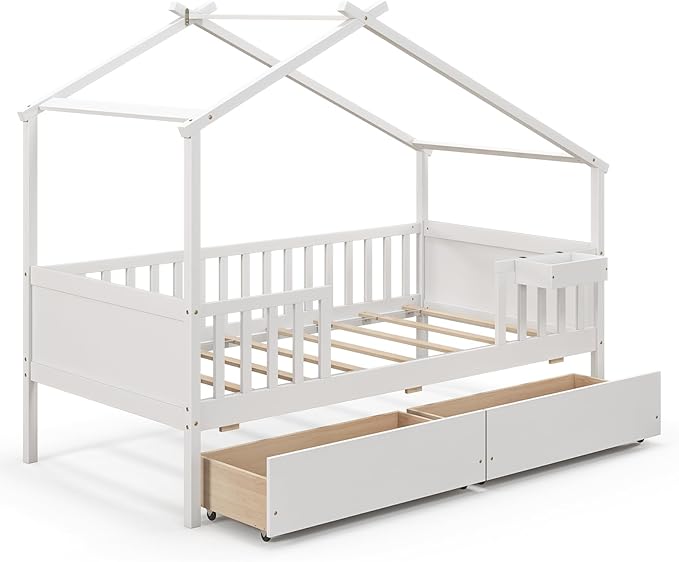 Giantex Twin House Bed with Drawers, Wooden Twin Bed Frame with Cube Storage & Fence Rails, Montessori Beds for Kids Boys, Girls, Bedroom, Living Room, No Box Spring Needed, White