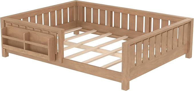 Bellemave Full Size Floor Bed with Slats and Safety Guardrail, Full Size Montessori Floor Bed with Fence and Built-in Bookshelf, Easy Assemble Montessori Beds for Kids, Girls, Boys, Natural