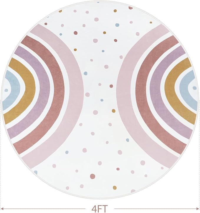STARUIA Colorful Round Rug for Nursery, 4 Ft Rainbow Washable Rug for Playroom, Boho Kids Rug Non-Slip Soft Bedroom Carpet for Classroom Teepee Princess Castle