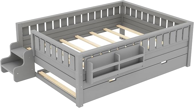 Bellemave Full Size Kids Bed with high Rails and with Built-in Bookshelf and Trundle for Kids, Girls, Boys, Wood Montessori Bed Without Door, Gray