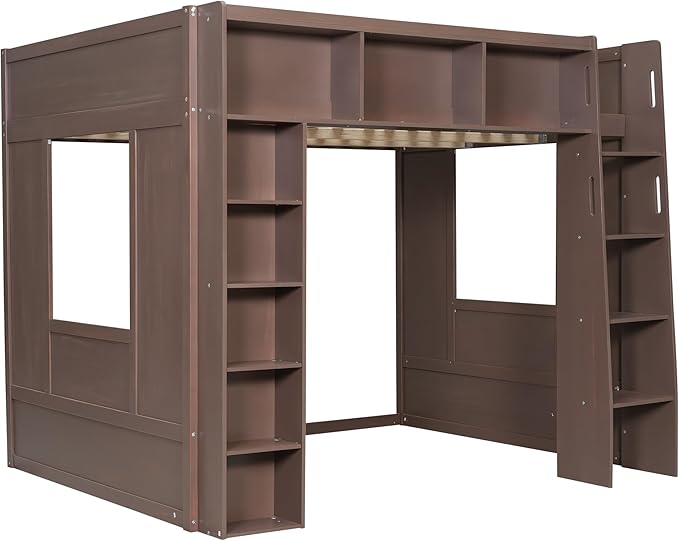 Playhouse Design Queen Size Loft Bed with Built-in Storage Shelves and 2 Windows, Solid Wood Loft Bed Frame with Safety Guardrail for Kids Teens Boys Girls, Space-Saving (Brown-12.9)