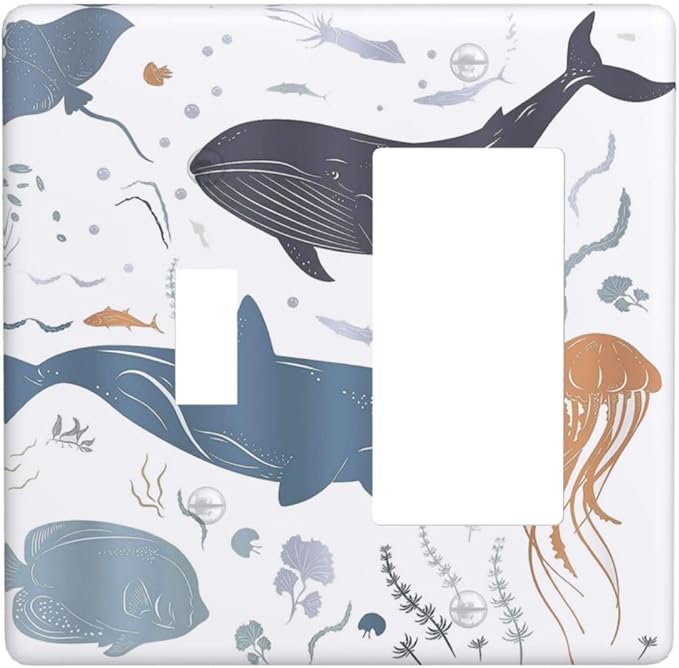 Kids Sea Animal Decorative 2 Gang Light Switch Covers Single Toggle Rocker Combo Wall Plate Electrical Faceplate Decorative Switchplate for Nursery Kidsroom Bedroom Decor