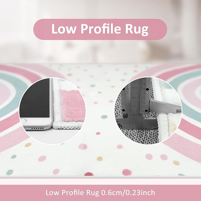 STARUIA 5x7 Washable Rainbow Rug for Kids Room Nursery, Soft Polka Dot Pink Rug for Bedroom Girls, Non-Slip Large Carpet Kids Area Rug for Playroon Princess Castle