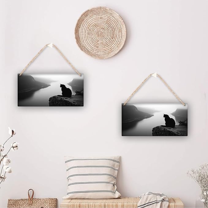 Monochrome Cat Landscape Wooden Sign 12x6 Inch, Farmhouse Wood Wall Decor Wood Plaque for Bedroom, Nursery & Kitchen, Ideal Home Decor for Pet Enthusiasts & Art Lovers