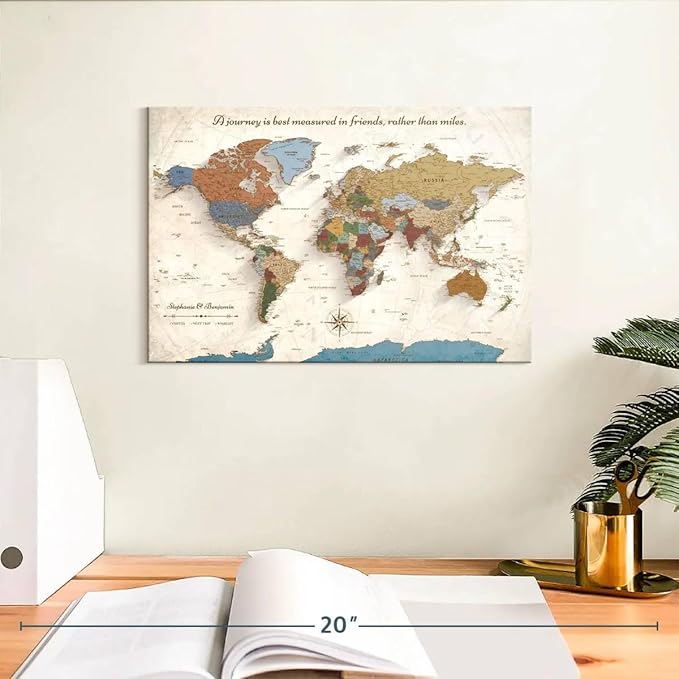 ElephantStock - Personalized Journey V Push Pin World Map Wall Art - Horizontal Canvas Wall Art - Living Room Wall Decor - Digital Art Map Canvas Art - Beige And Orange Decor - 12" x 8"