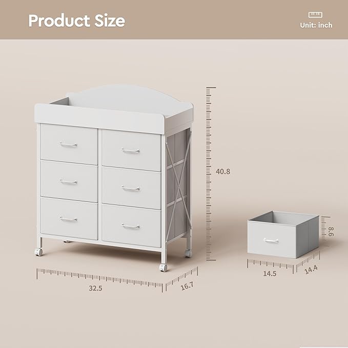Baby Changing Table Dresser with Wheels, 6-Fabric Drawer Baby Dresser with Changing Table Top, Waterproof Diaper Changing Station & Pad, Mobile Storage Unit, Compact Baby Furniture, White