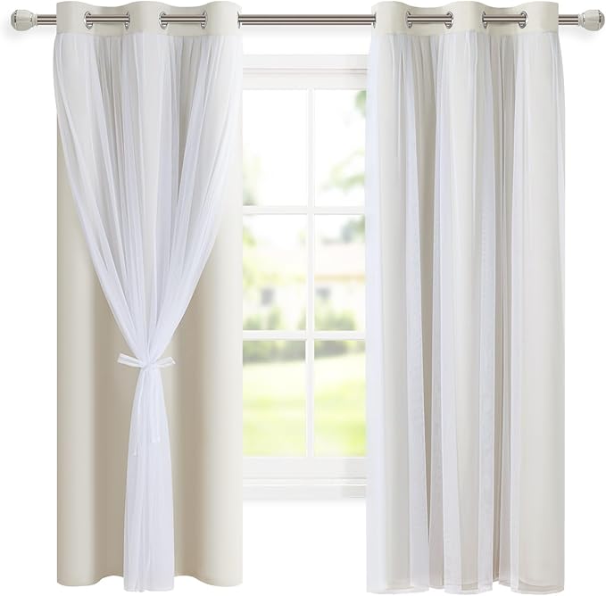 DWCN Blackout and Sheer Curtains with Tiebacks Layered Curtains for Living Room Grommet Top Window Curtain Panels with Sheer Overlay, 38 W by 63 L, Ivory, 2 Pieces