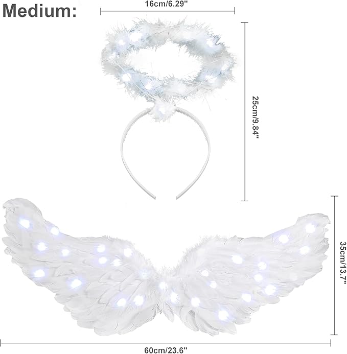 Angel Wings, Light Up Angel Wings and Halo with LED Lights, White Angel Wings Costume for Adult Women Kids Halloween Xmas