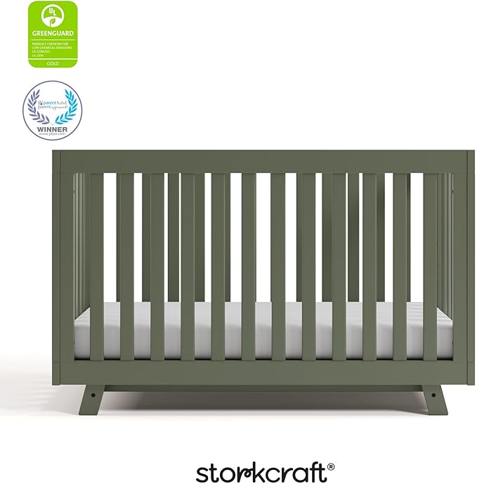 Storkcraft Beckett 3-in-1 Convertible Crib (Olive) – GREENGUARD Gold Certified, Fits Standard Crib Mattress, Converts to Toddler Bed and Daybed, 4 Adjustable Mattress Heights, Grow-with-Me Design