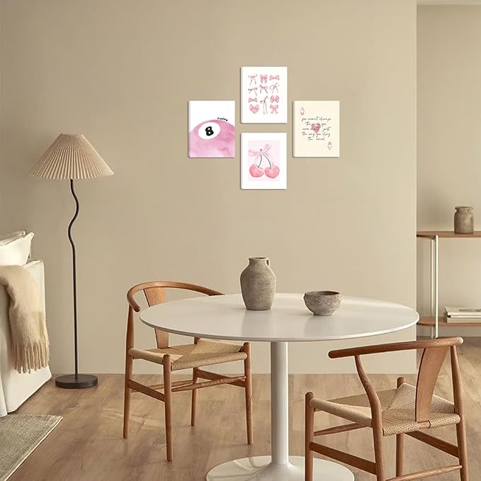 Coquette Y2K Lucky Wall Art Set of 4, Pink Preppy Aesthetic Canvas Prints, Cherry Bows 8 Ball Ace Card Wall Decor for Girls Bedroom, Dorm, Vanity, or Home Decor 8x10in Framed