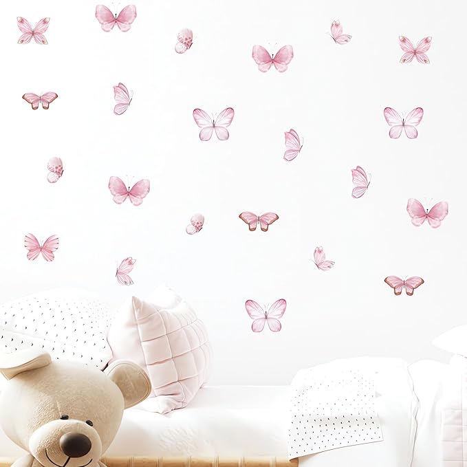 6 Sheets 36 Pcs Pink Butterfly Wall Stickers, sacinora DIY Watercolor Art Wall Decals Removable Vinyl Peel and Stick for Kids Baby Nursery Living Room Bedroom Playroom Sofa TV Background Decorations