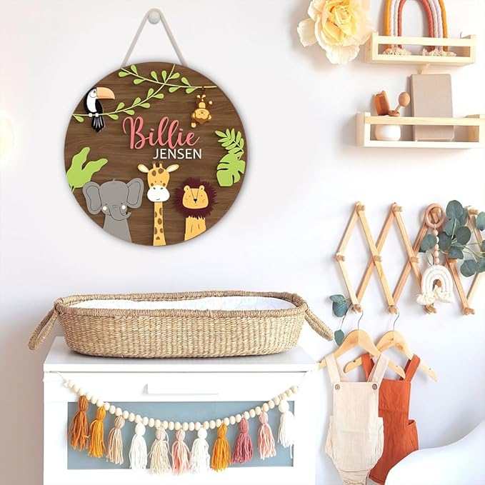 Custom Jungle Animal Name Sign – Personalized Wooden Wall Decor for Nursery or Playroom – Door Wreath with Safari Animals Wall Art, Bedroom Door Sign