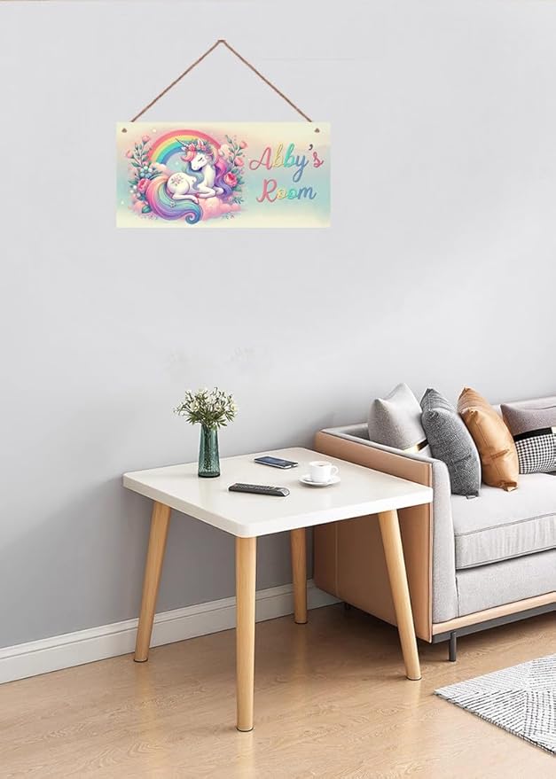 Personalized Rainbow Unicorn Flowers Door Sign Girls Bedroom Kids Nursery Wall Decor Custom Name Art Wooden Plaque For Home Kitchen Garden Yard Wall Club Front Door Decor