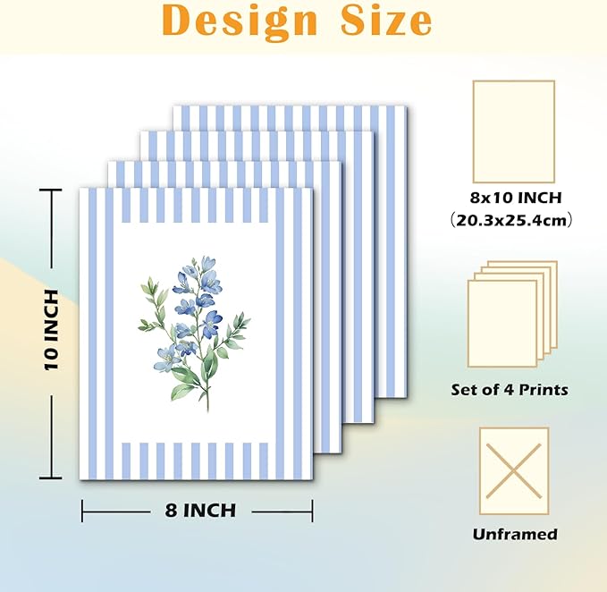 JINYO Blue Wall Art Decor, Vintage Blue and White Striped Floral Wall Art Prints Set of 4, Rustic Cottagecore Botanical Wall Decor Posters Pictures for Home Bedroom Living Room, 8x10 Unframed