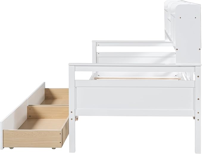 Harper & Bright Designs Twin Daybed with Storage, Wooden Twin Size Bed Frame with Bookcase Headboard and 2 Drawers, Twin Sofa Bed with Shelves for Living Room Bedroom, No Box Spring Need, White