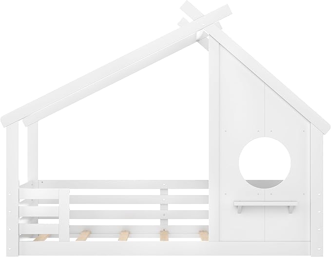 SOFTSEA Twin Size House Bed Frame, Kids Floor House Bed with Window and with Storage Shelf for Boys Girls, Wood Montessori Bed with Slats and Guardrails, White