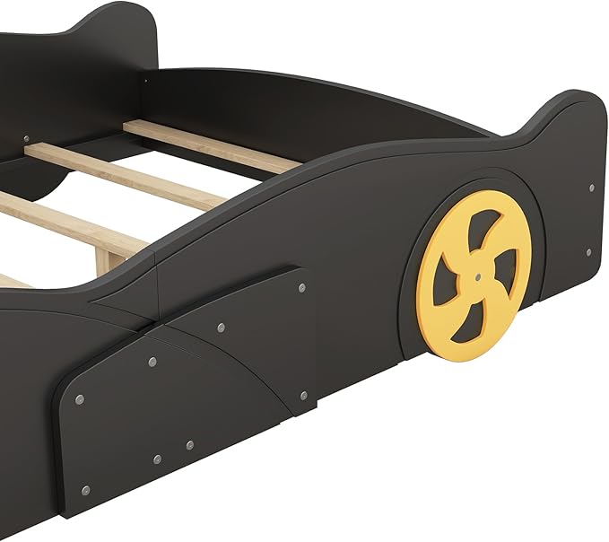 Full Size Race Car-Shaped Platform Bed with Wheels,Kids Full Bed Frame W/Storage Space & Guardrails,Race Car Bed for Boys Toddlers Child's Bedroom,Black+Yellow