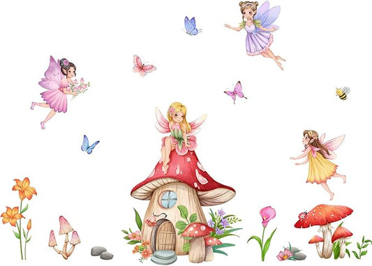 Fairy Girls Wall Decals Mushroom with Flowers Butterfly Wall Stickers for Baby Nursery Girls Bedroom Wall Decor