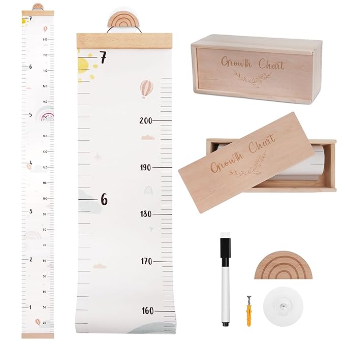 CEYAZYE Growth Chart for Wall, 7 Ft Height Chart Measurement for Kids, Waterproof Canvas Wall Tracker Ruler with Wooden Keepsake Box, Hook& Marker Pen, Neutral Nursery Room Decor Gift for Baby to Teen