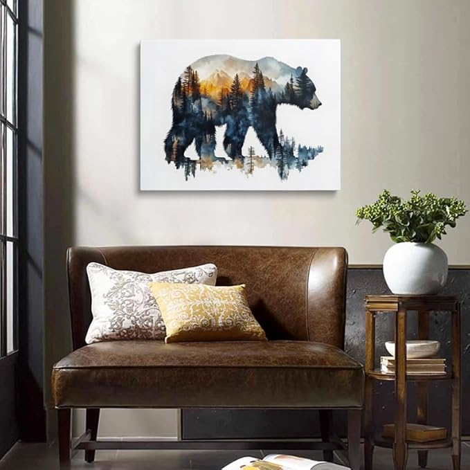 Woodland Bear Silhouette Canvas Wall Art - Framed Nature Painting Print, Mountain Forest Wildlife Wall Decor Artwork and Posters for Cabin, Living Room, Bedroom, Office (16x24 Inches)