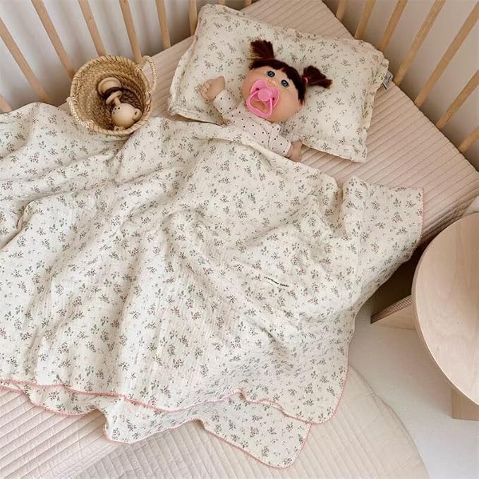 BuLuTu Cotton Muslin Toddler Blanket Pomegranate Flower Pattern Baby Quilt All Seasons, Soft Breathable Lightweight Summer Crib Baby Blanket for Girls Boys Muslin Quilts,47"x51"