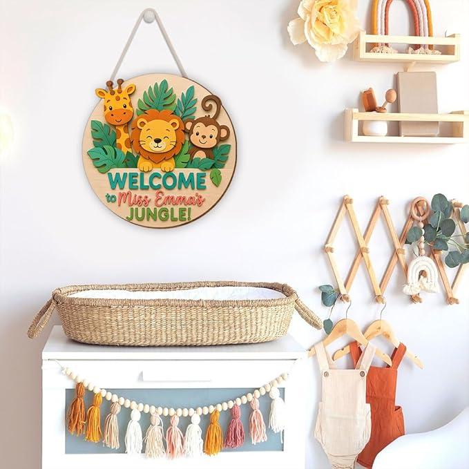 Custom Wooden Welcome Sign | Jungle Animal Door Hanger for Teacher Classroom, Nursery, Playroom | Personalized Wall Art Decorative Sign